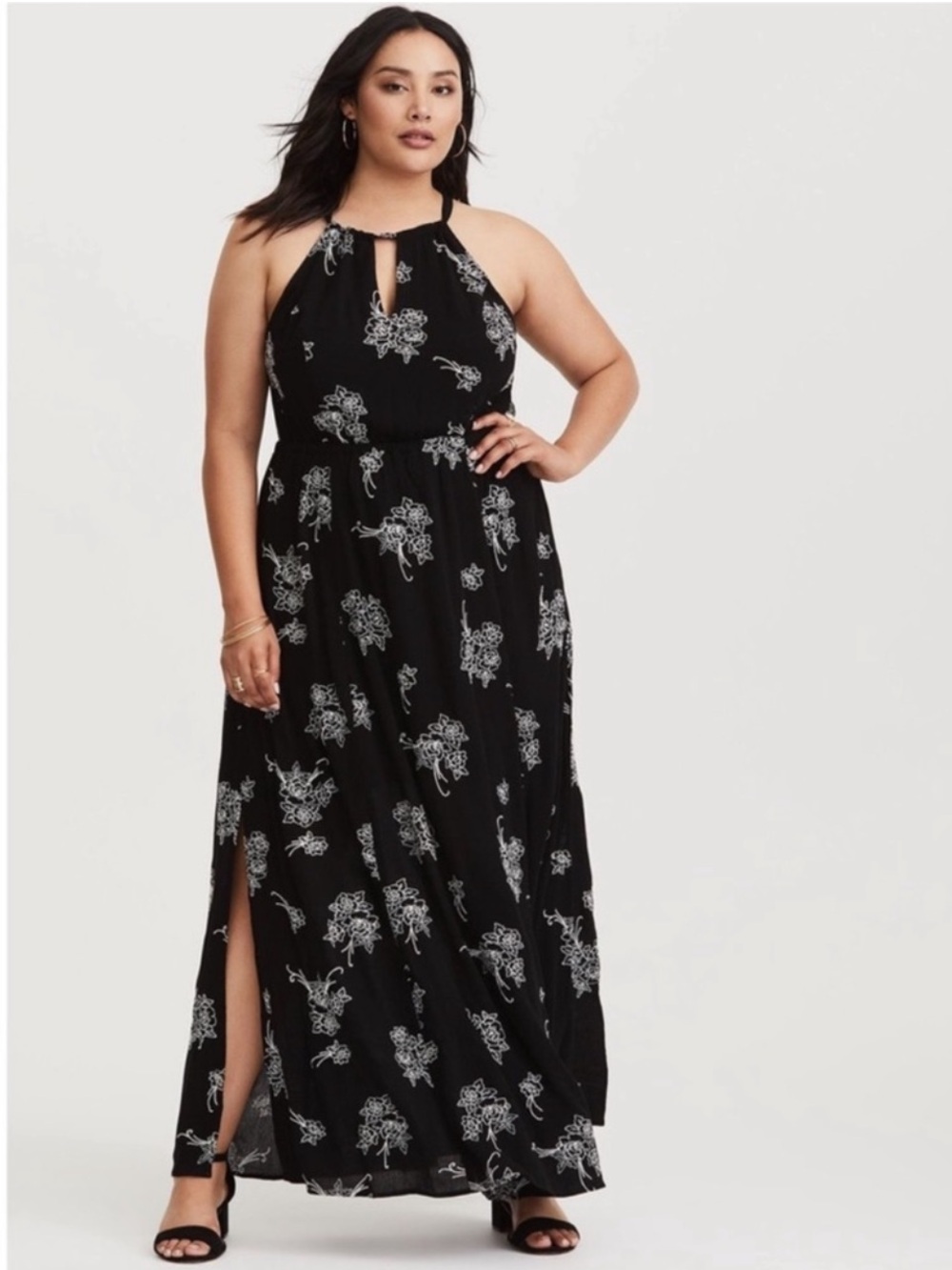 Torrid 1X Black Floral Embroidered Halter Maxi Dress with Side Slit